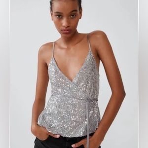 Zara Metallic Sequin Wrap Cropped Top